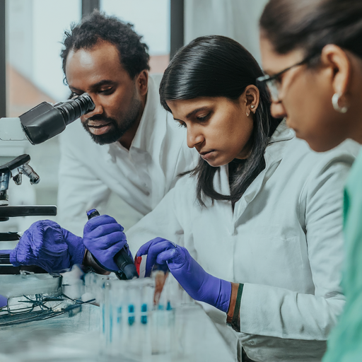 A diverse group of medical professionals in a collaborative lab setting, working on vials and equipment related to CAR-T therapy. Include researchers of different genders and ethnicities, conveying their dedication and progress
