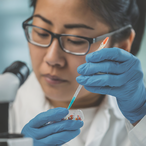A microscopic view of a scientist, Asian woman, precisely tailoring a CAR-T cell with various tools and components, emphasizing personalized medicine advancements.