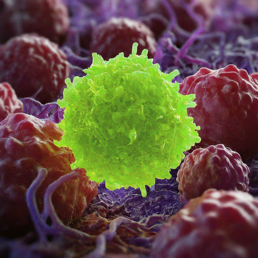 A microscopic illustration of a single, vibrant CAR-T cell, glowing brightly, surrounded by defeated cancer cells, symbolizing the power and hope of this innovative therapy.